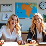 BESC & ECTN ofisinde çalışanlar sarışın kadınlar. PC basında mutlu insanlar güneşli bir plaza ofis. Duvarda logo besc sertifikası ve ECTN sertifikası - Afrika haritası ve Saat